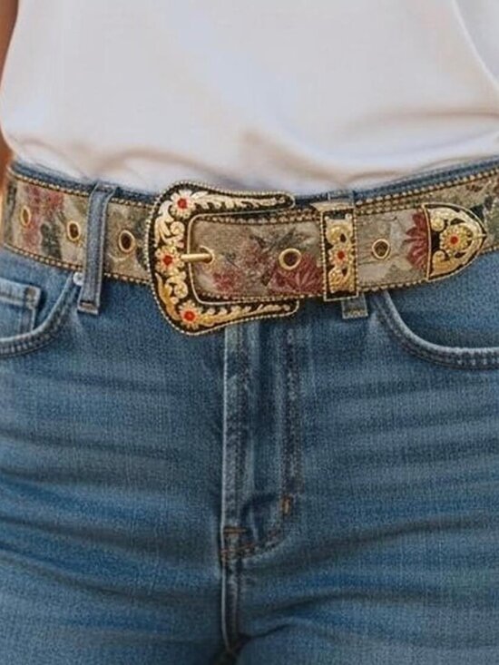 Accessories - Cream Floral Tapestry Ornate Western Belt